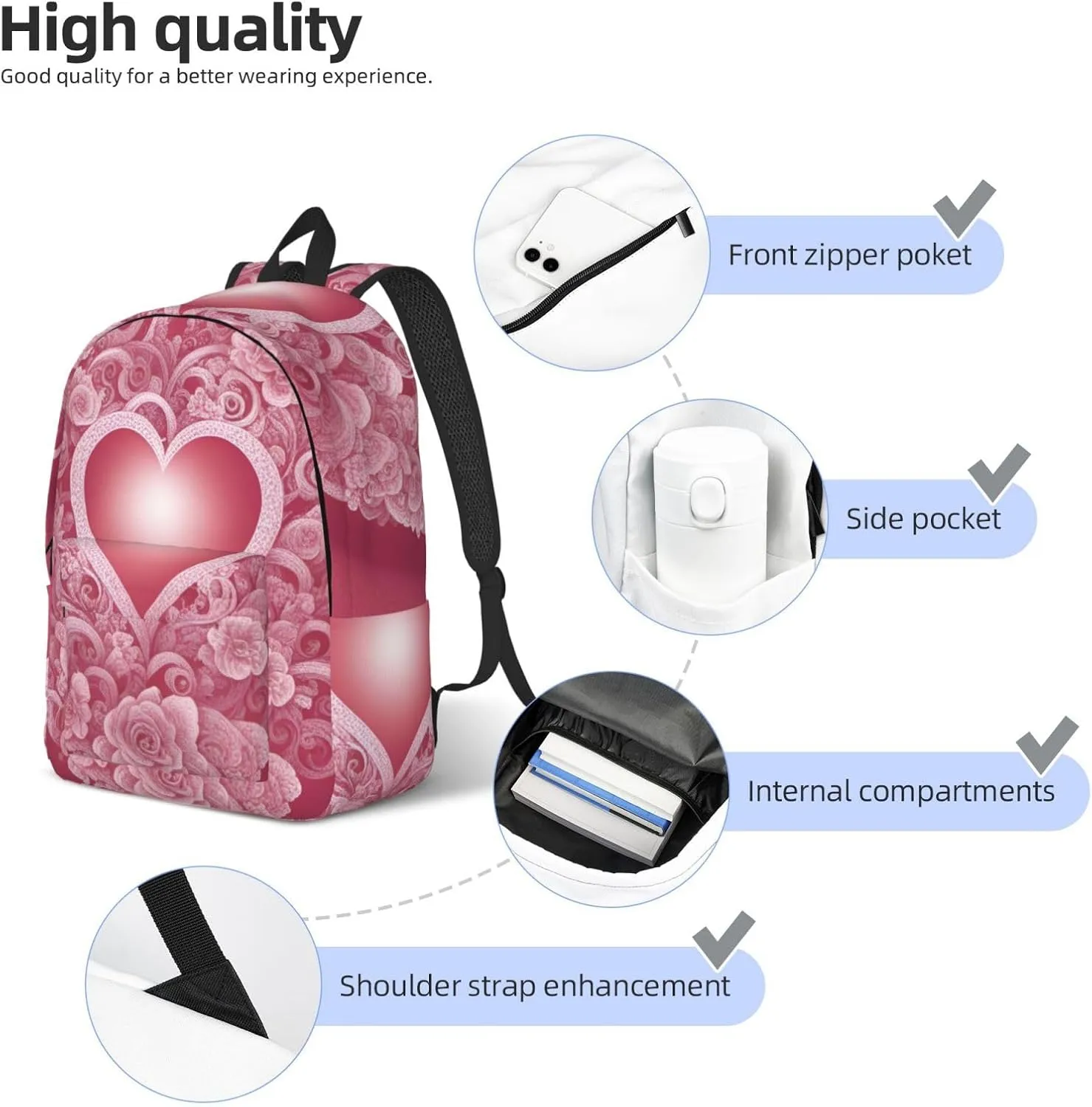 Romantic Heart print Canvas Fashion Backpack Casual Bag, Lightweight Travel Backpack, duffel Bag