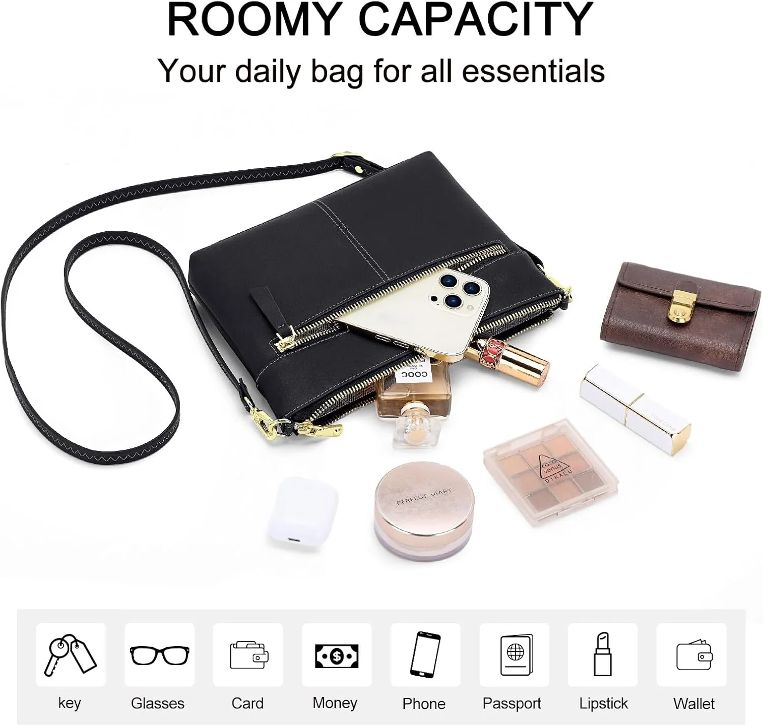 RONSIN Crossbody Bag for Women Cell Phone Purse Bucket Bag Shoulder Bag with Multi Zipper Pockets