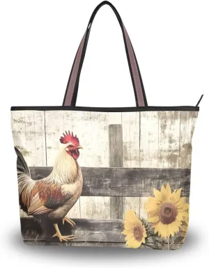 Rooster Fence Sunflower Tote Bag for Women Durable Designer Handbag with Zipper for Daily Use L