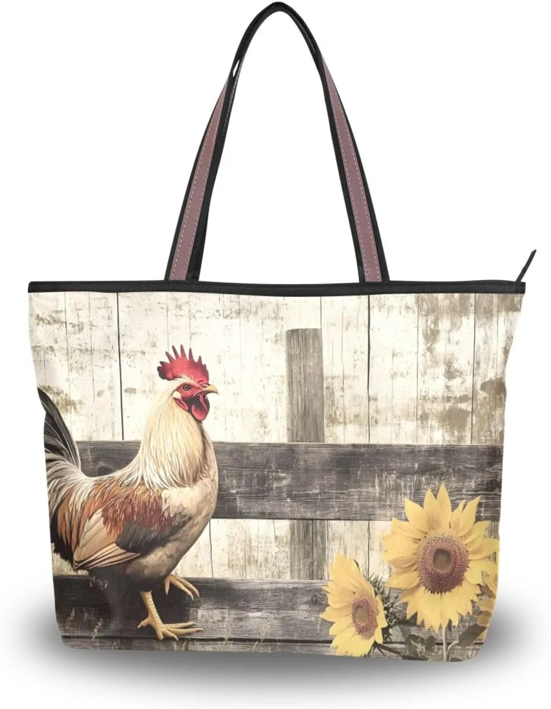 Rooster Fence Sunflower Tote Bag for Women Durable Designer Handbag with Zipper for Daily Use L