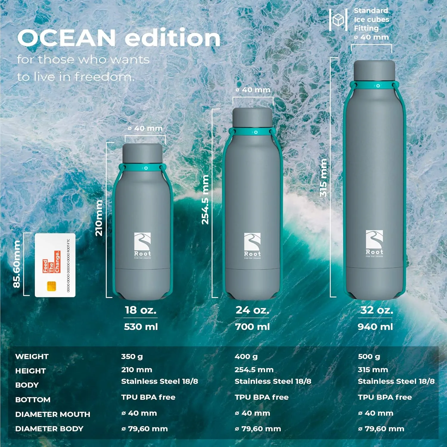 Root FTC Bottle Thermal Flask Stainless Steel Double Wall, Anti Drop Cap, Shockproof Bottom, Bungee Cords, 530 ml, 700 ml and 940 ml - Hot (20h) / Cold (24h)