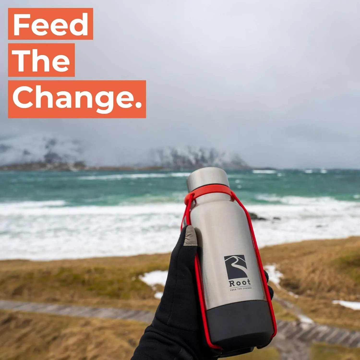 Root FTC Bottle Thermal Flask Stainless Steel Double Wall, Anti Drop Cap, Shockproof Bottom, Bungee Cords, 530 ml, 700 ml and 940 ml - Hot (20h) / Cold (24h)