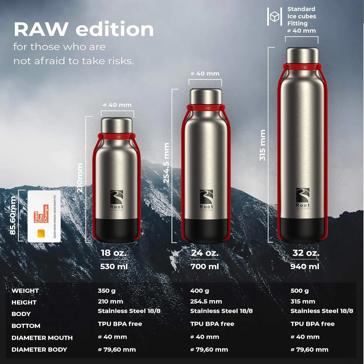 Root FTC Bottle Thermal Flask Stainless Steel Double Wall, Anti Drop Cap, Shockproof Bottom, Bungee Cords, 530 ml, 700 ml and 940 ml - Hot (20h) / Cold (24h)