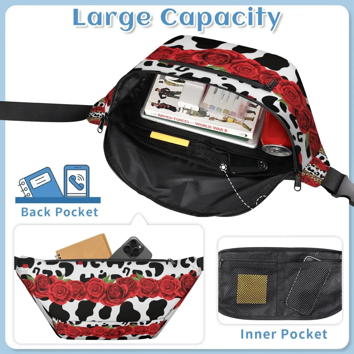 Rose Animal Fur Sling Bag Crossbody Backpack Chest Daypack for Women Sport Travel Hiking Casual Bag Multipurpose Waist Pack With Zipper Closure Adjustable Strap Shoulder Bag