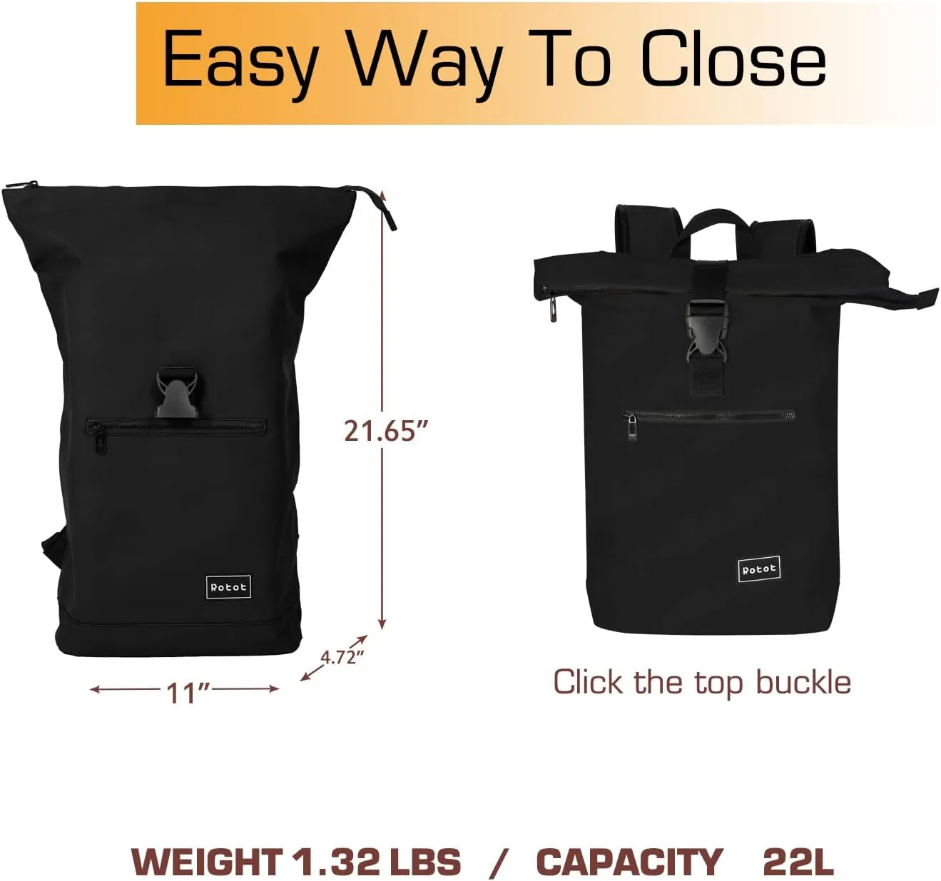 ROTOT Roll Top Travel Backpack, 22L High Volume Laptop Bag Carry on Accessories Essentials (Black)