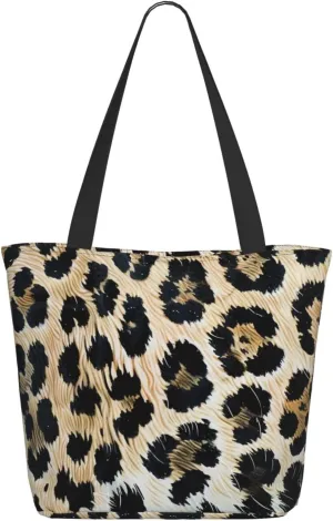 Rough Leopard Print Tote Bag Large Handbag Lightweight Shoulder Bag with Zipper for Shopping School Work Travel Black One Size, black, Einheitsgröße