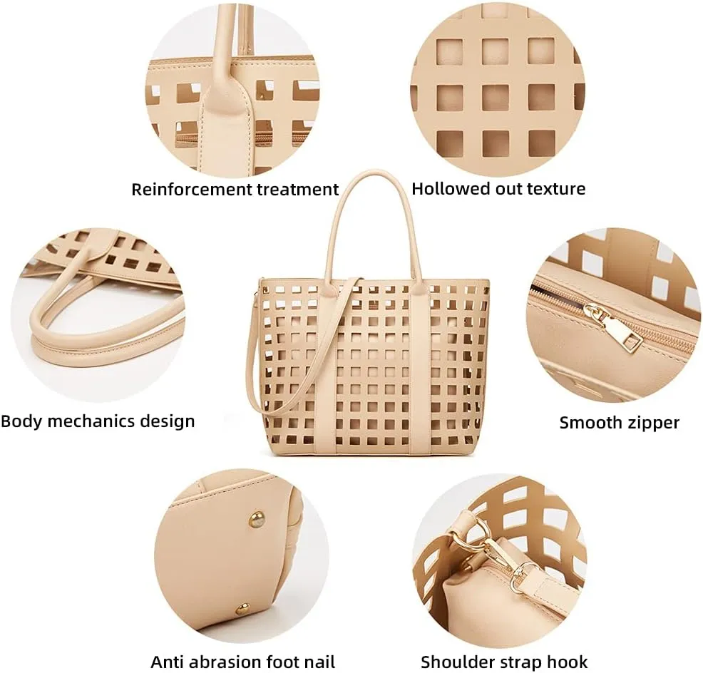 ROUROU Top Handle Satchel for Women Hollow Texture Shoulder Bag Large Capacity Handbag Fashion Crossbody Bag Purse Set 2pcs