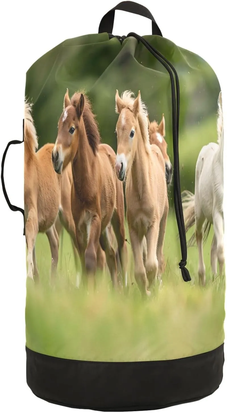 Running Ponies with Foals Laundry Backpack Bag with Drawstring Closure Waterproof Laundry Bag Laundry Hamper Clothes Storage for Travel Laundromat Apartment
