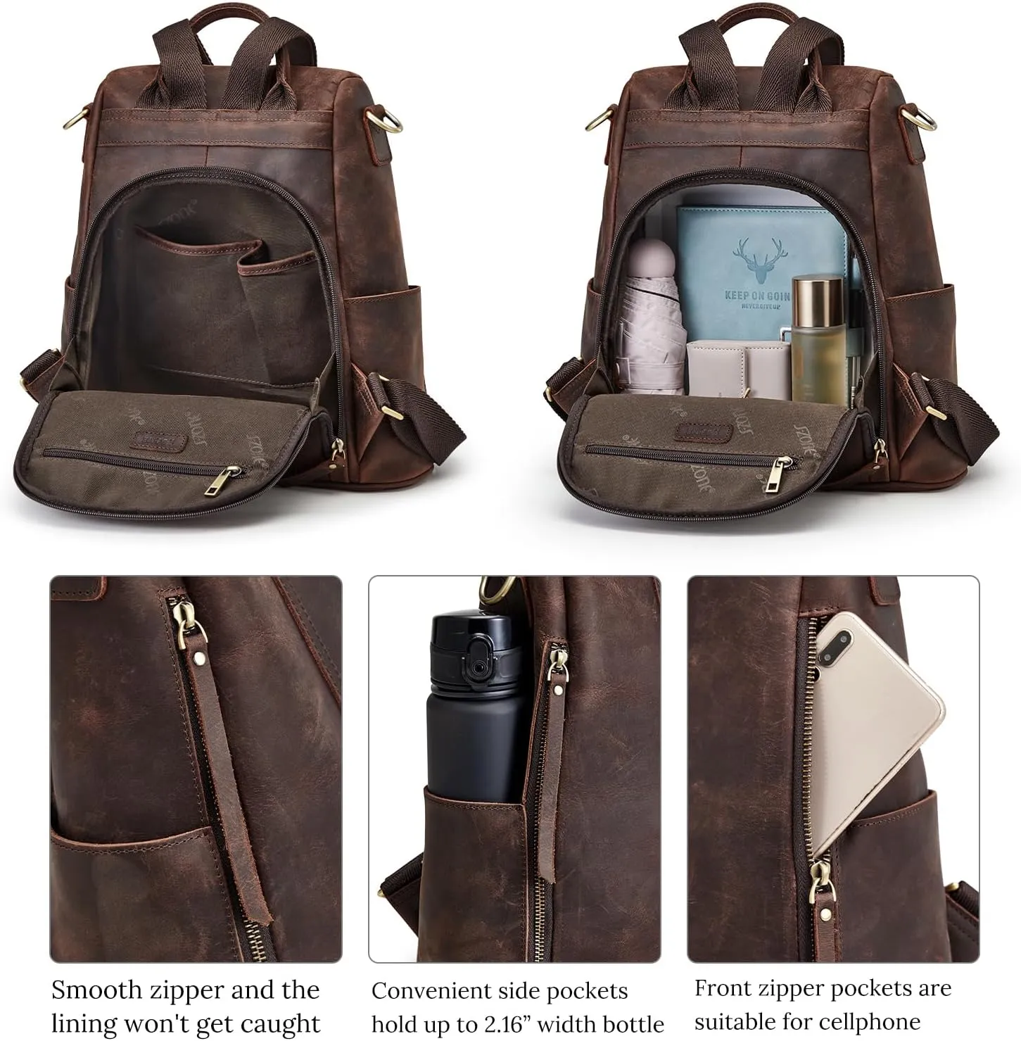 S-ZONE Leather Backpack Purses for Women Antitheft Rucksack Shoulder Bag Medium