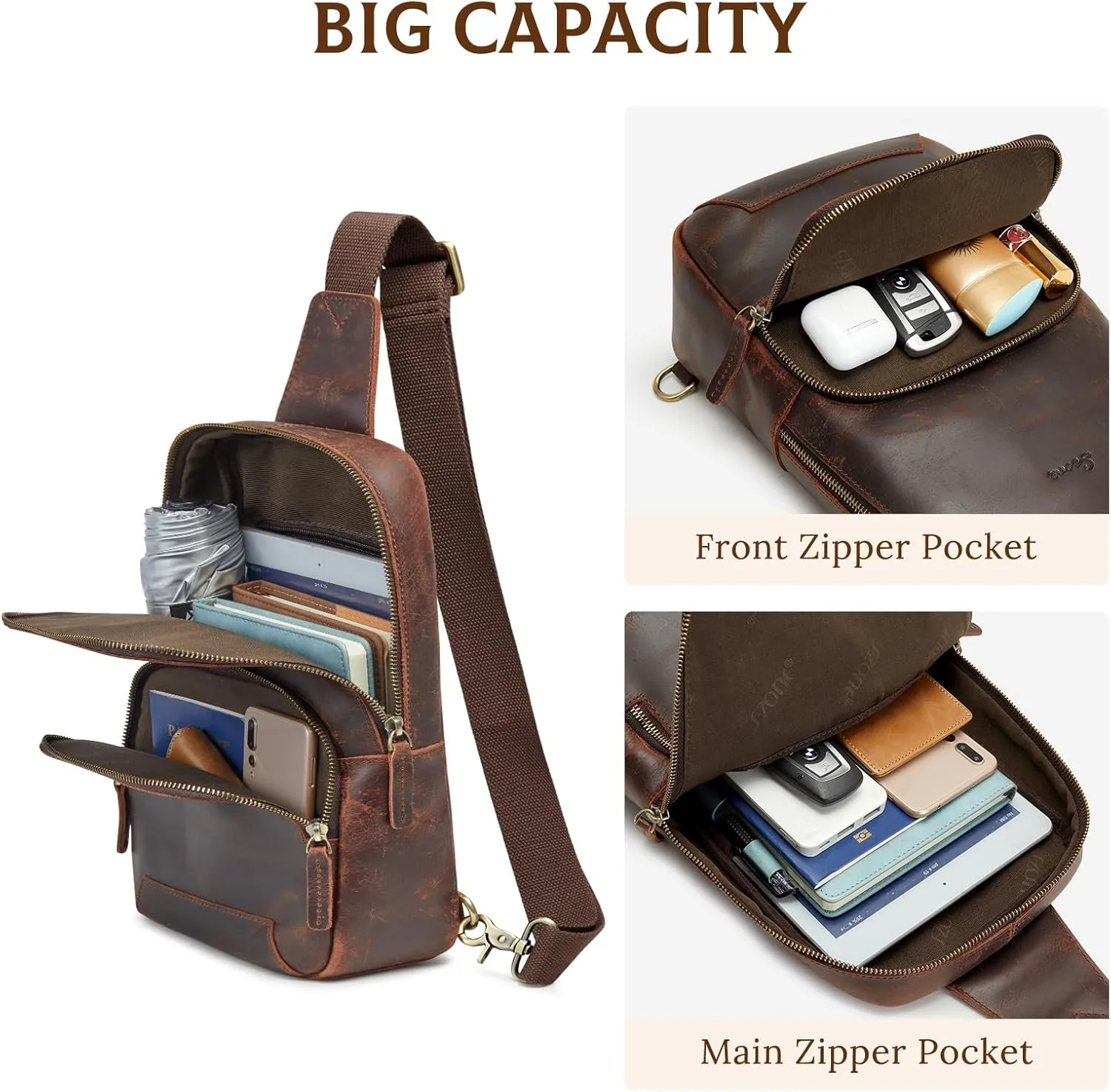 S-ZONE Sling Bag for Men Women RFID Blocking Genuine Leather Crossbody Shoulder Bag Backpack Hiking Daypack Travel