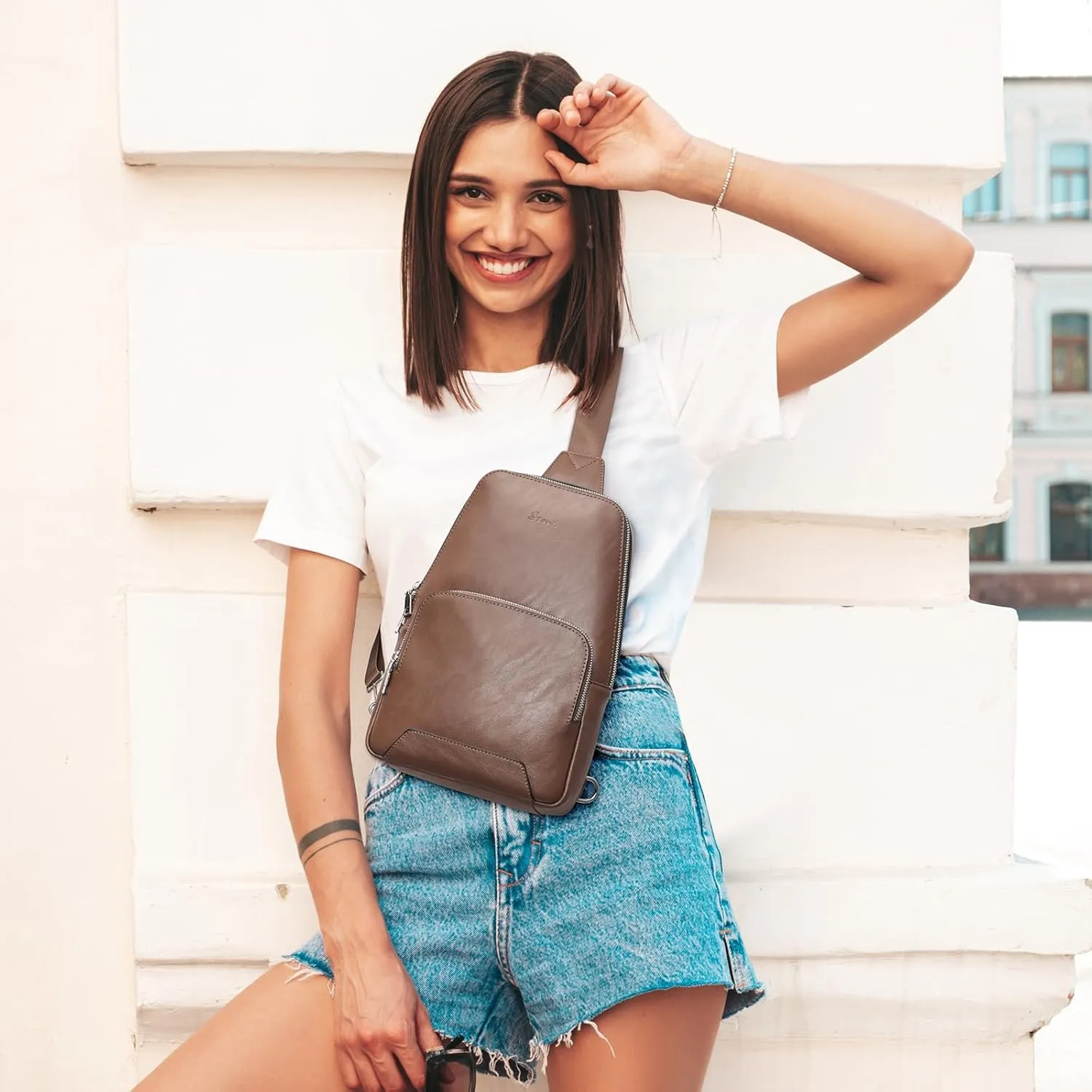S-ZONE Sling Bag for Women Men RFID Blocking Genuine Leather Crossbody Backpack Sling Purses Fashion Travel Daypack Chest Bags Ladies-Coffee