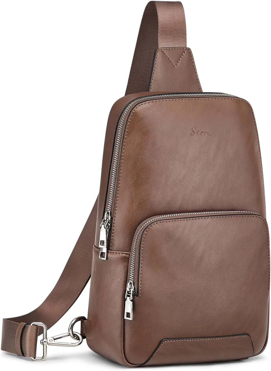 S-ZONE Sling Bag for Women Men RFID Blocking Genuine Leather Crossbody Backpack Sling Purses Fashion Travel Daypack Chest Bags Ladies-Coffee