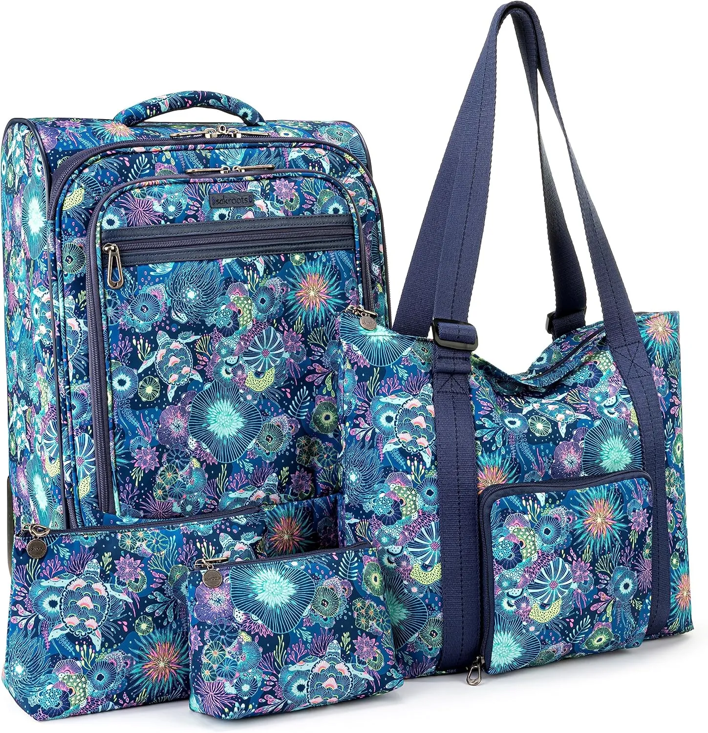 Sakroots On the Go 4 Piece Travel Bundle, Includes 21" Rolling Suitcase, Packable Large Tote, Medium & Small Pouches