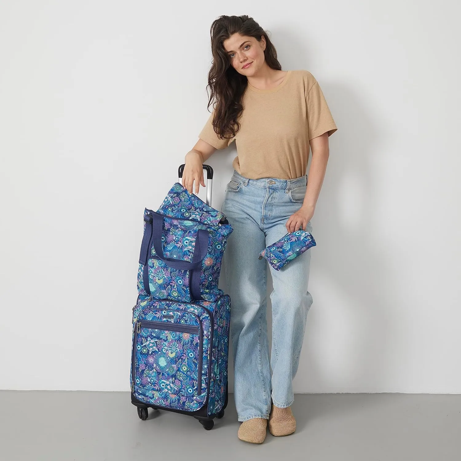 Sakroots On the Go 4 Piece Travel Bundle, Includes 21" Rolling Suitcase, Packable Large Tote, Medium & Small Pouches