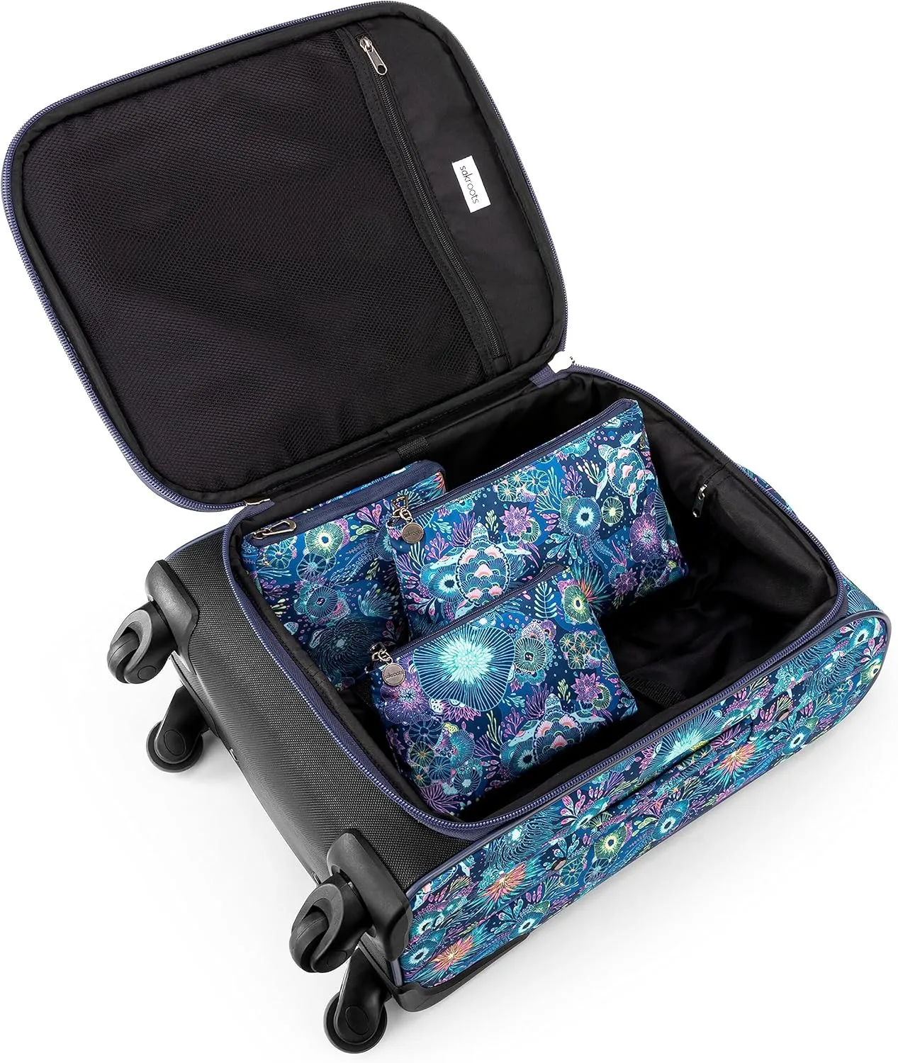 Sakroots On the Go 4 Piece Travel Bundle, Includes 21" Rolling Suitcase, Packable Large Tote, Medium & Small Pouches