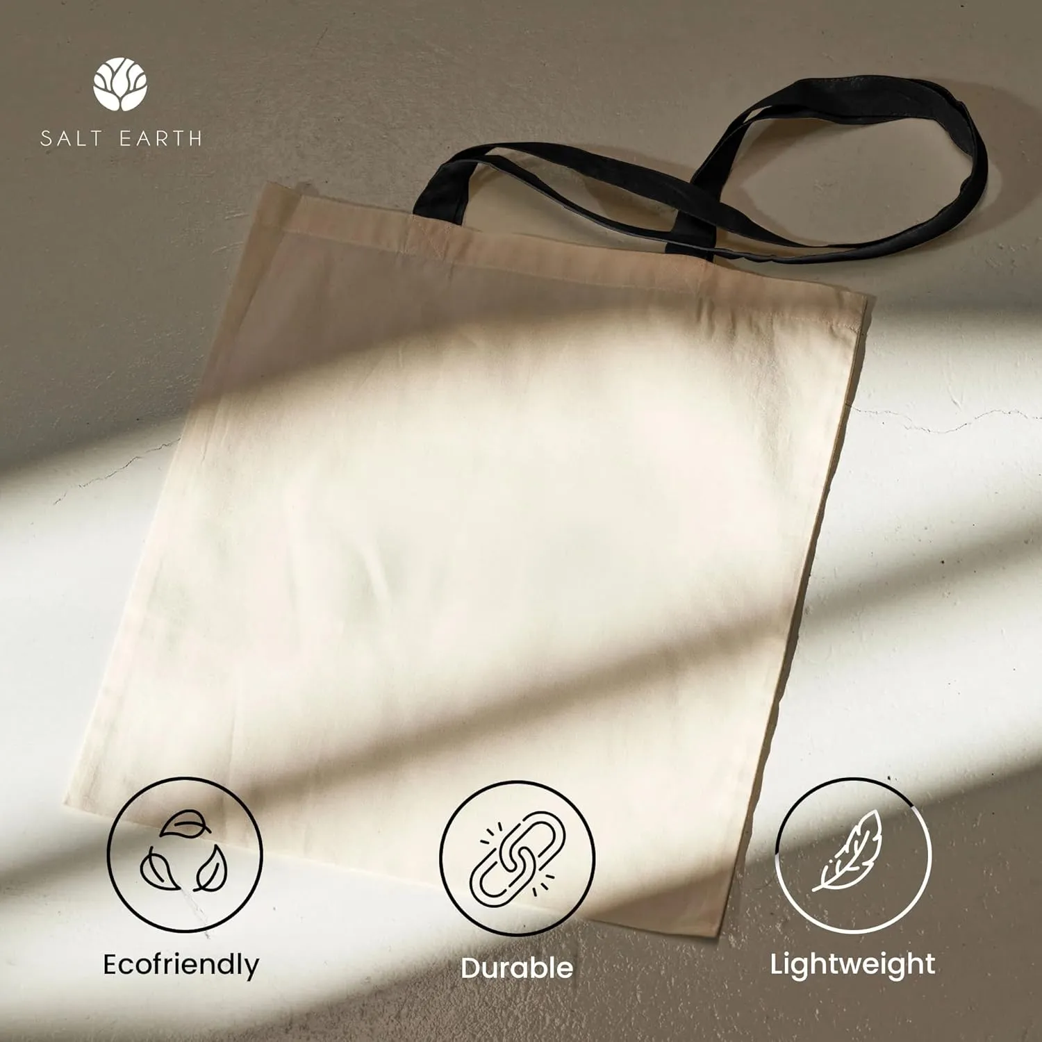 Salt Earth Pack of 5 | 6 | 12 | 24 | 48 – 100% Cotton Reusable Tote Bags – Bulk Grocery, Shopping, DIY, Beach & Gift Use