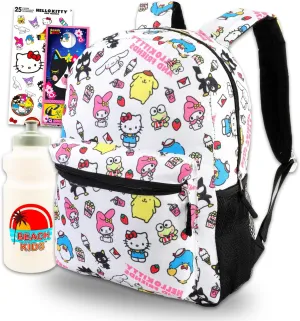 Sanrio Backpack Featuring My Melody, Badtz-Maru, Tuxedo Sam - Bundle with 16” White Sanrio School Backpack Plus Water Bottle, Stitcker, More | Hello Kitty and Friends School Bag