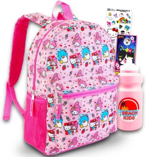 Sanrio Backpack Featuring Tuxedo Sam, My Melody, Hello Kitty - Bundle with 16” Pink Sanrio School Backpack Plus Water Bottle, Stickers, More | Hello Kitty and Friends School Bag