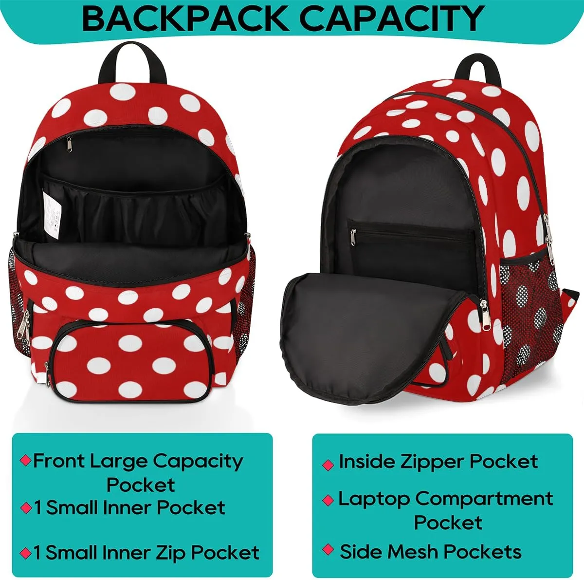 School Backpack for Boys Girls, Red White Polka Dot Elementary School Bags Polka Dot Lightweight Bookbag Laptop Backpack Casual Daypack Rucksack for Kids Teens