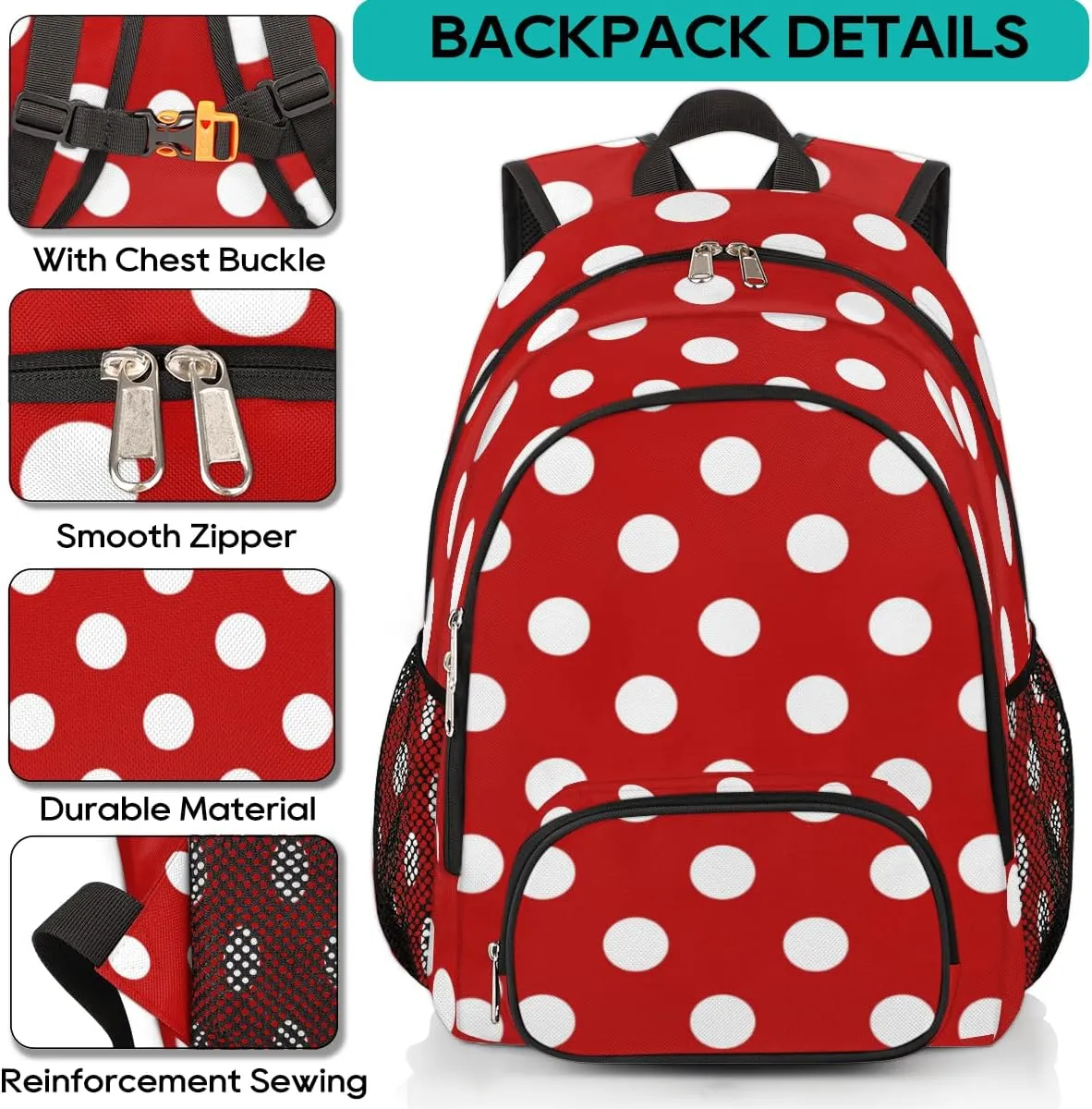 School Backpack for Boys Girls, Red White Polka Dot Elementary School Bags Polka Dot Lightweight Bookbag Laptop Backpack Casual Daypack Rucksack for Kids Teens