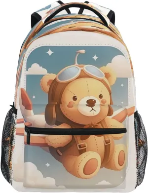 School Backpack for Teens Boys Girls Fashion Personal Backpack with Chest Strap for Travel Trip Cute Teddy Bear Sitting in Plane Window Cartoon-style Vector Illustration