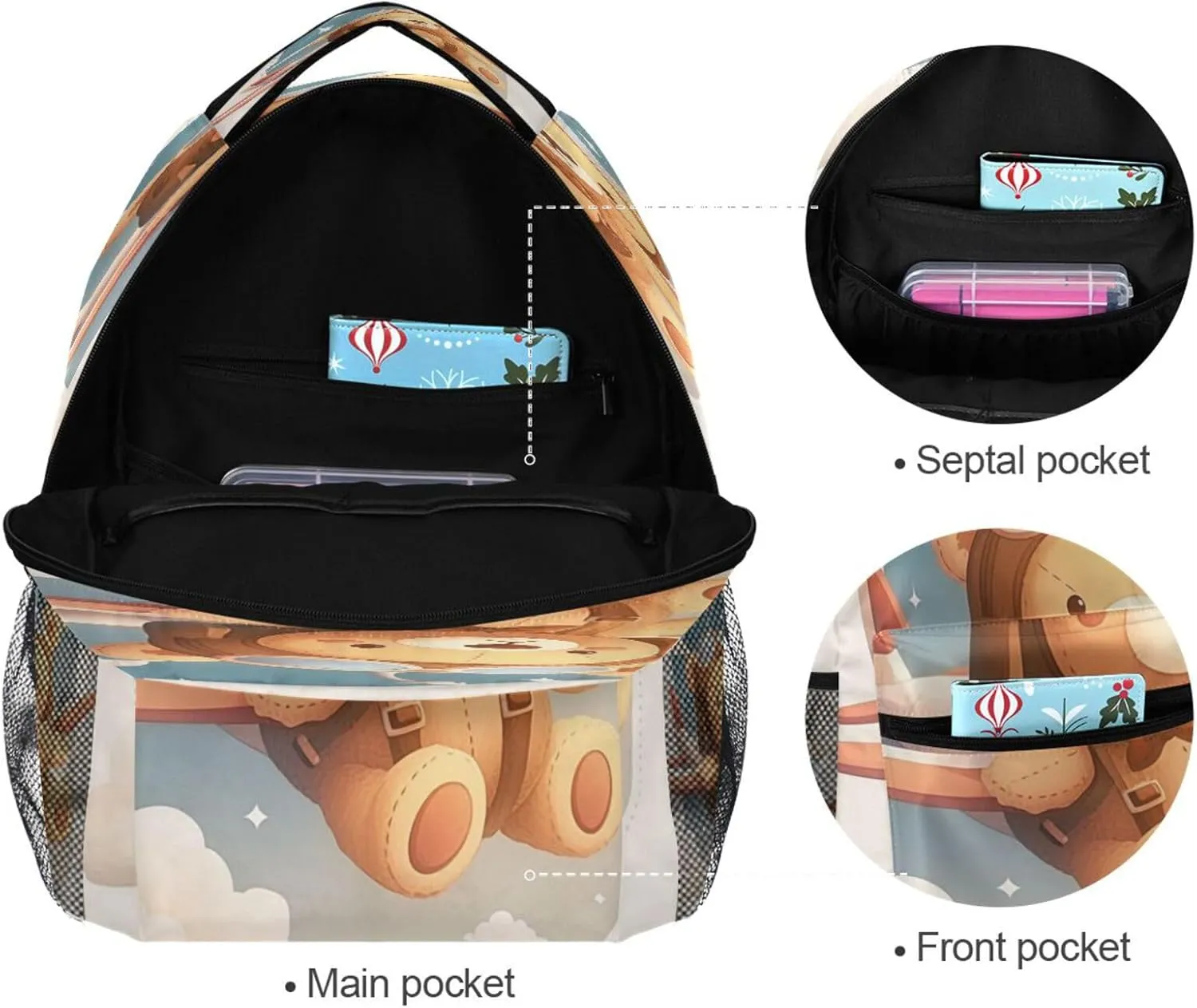 School Backpack for Teens Boys Girls Fashion Personal Backpack with Chest Strap for Travel Trip Cute Teddy Bear Sitting in Plane Window Cartoon-style Vector Illustration