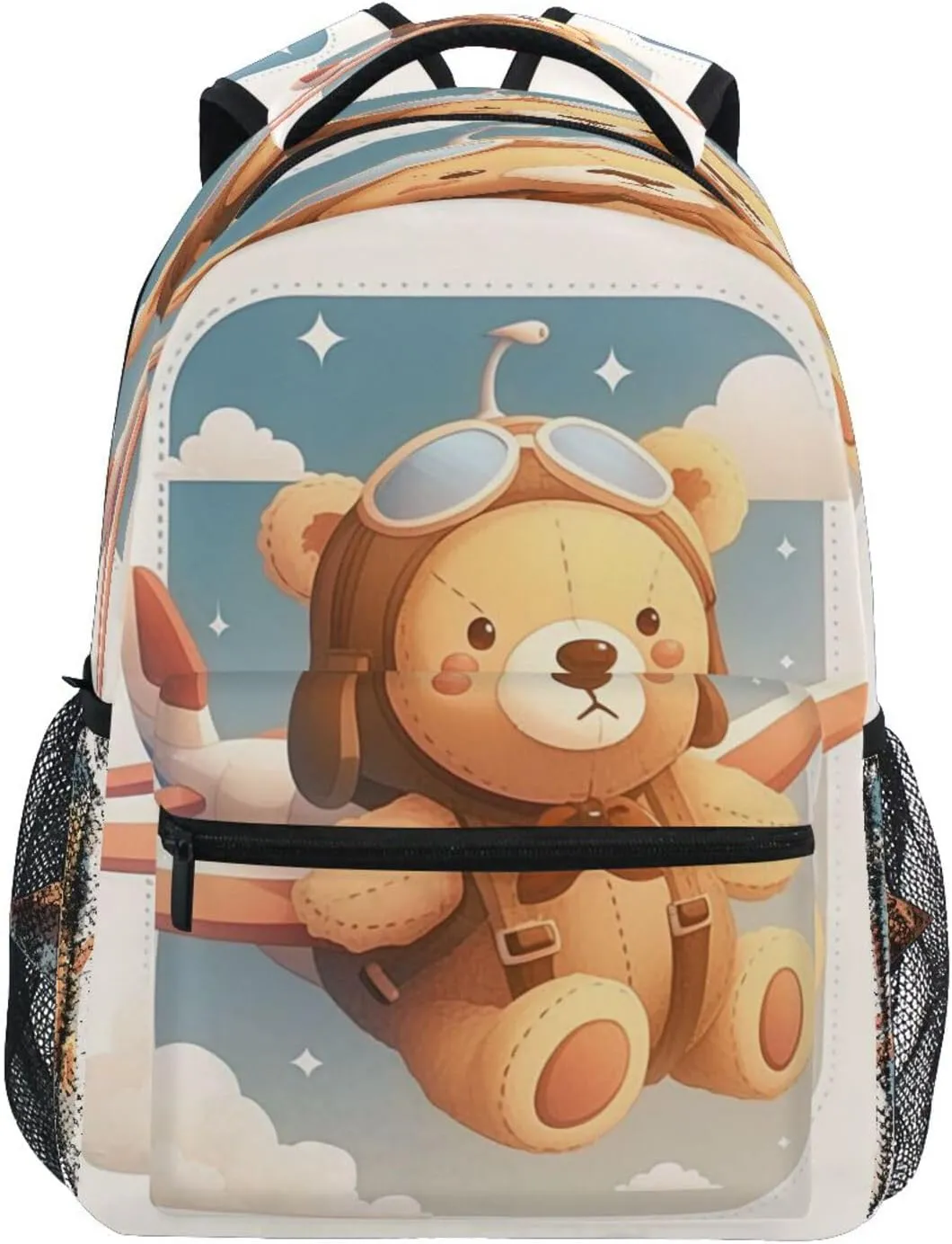 School Backpack for Teens Boys Girls Fashion Personal Backpack with Chest Strap for Travel Trip Cute Teddy Bear Sitting in Plane Window Cartoon-style Vector Illustration