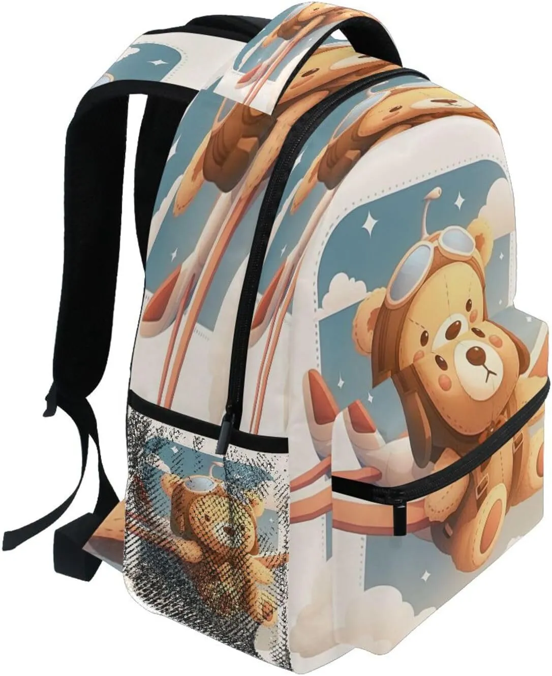 School Backpack for Teens Boys Girls Fashion Personal Backpack with Chest Strap for Travel Trip Cute Teddy Bear Sitting in Plane Window Cartoon-style Vector Illustration