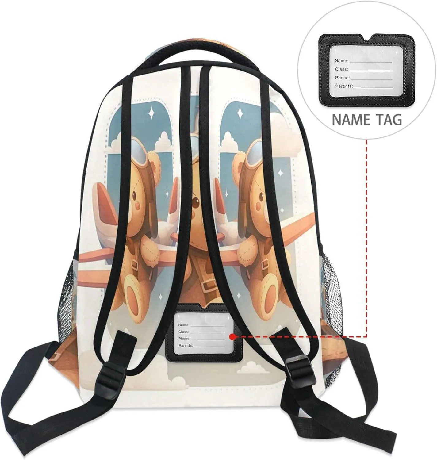 School Backpack for Teens Boys Girls Fashion Personal Backpack with Chest Strap for Travel Trip Cute Teddy Bear Sitting in Plane Window Cartoon-style Vector Illustration