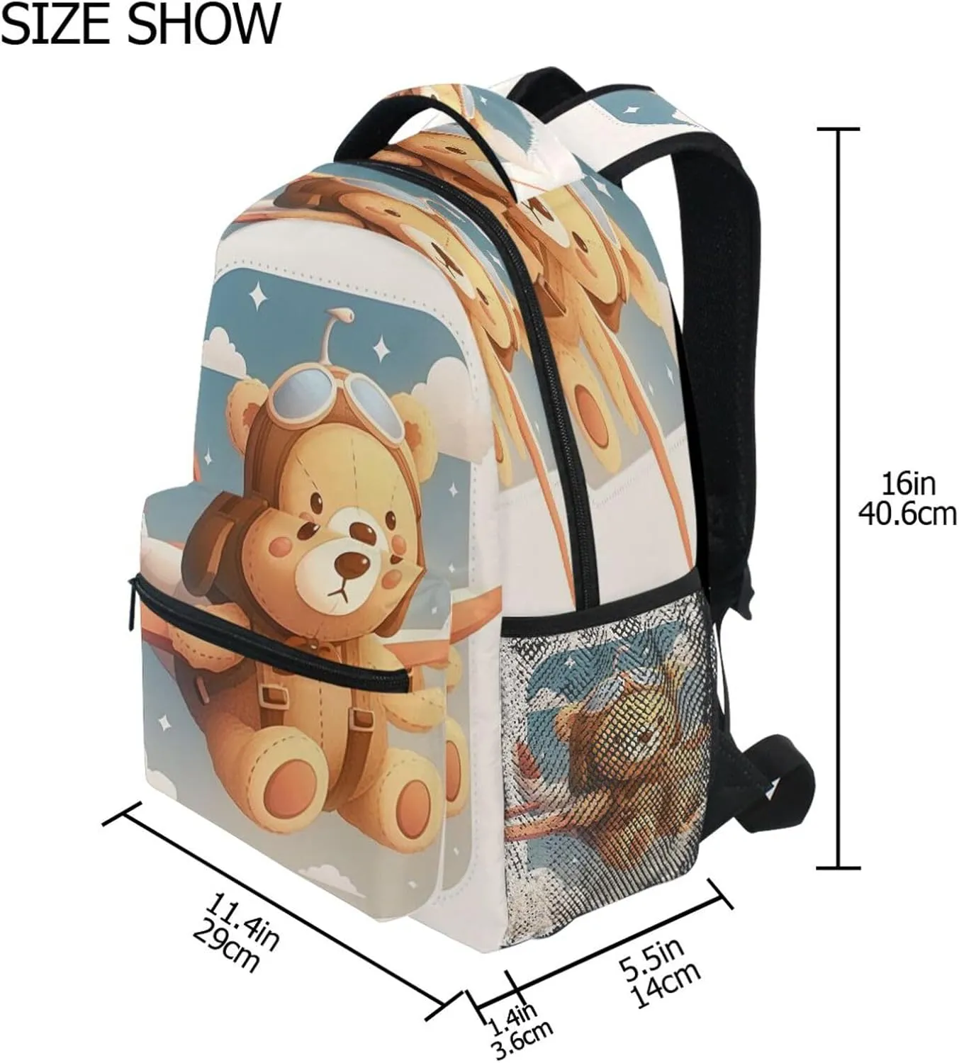 School Backpack for Teens Boys Girls Fashion Personal Backpack with Chest Strap for Travel Trip Cute Teddy Bear Sitting in Plane Window Cartoon-style Vector Illustration