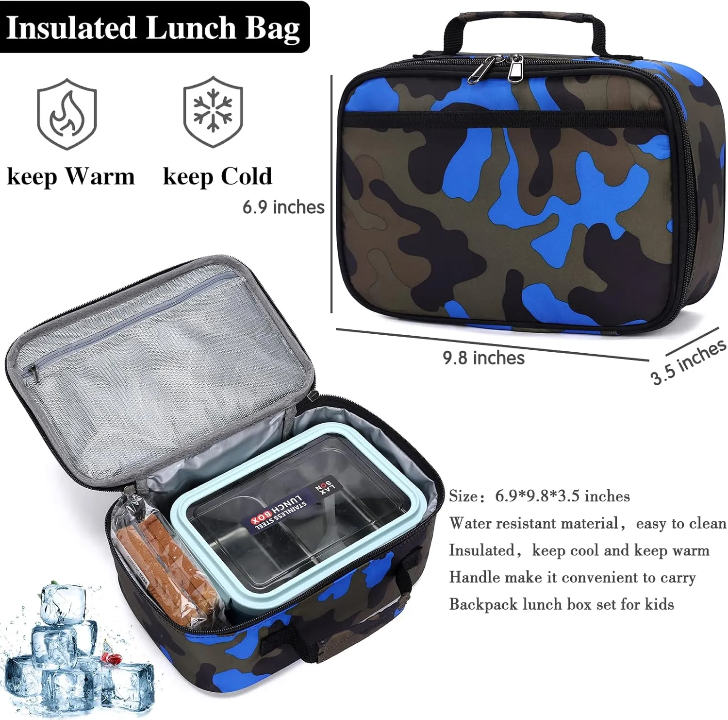 School Backpack Lunch Box Set Water Repellent Casual Daypack Lightweight Bookbags for Kids (CX Camo Blue Set)