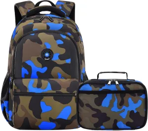 School Backpack Lunch Box Set Water Repellent Casual Daypack Lightweight Bookbags for Kids (CX Camo Blue Set)
