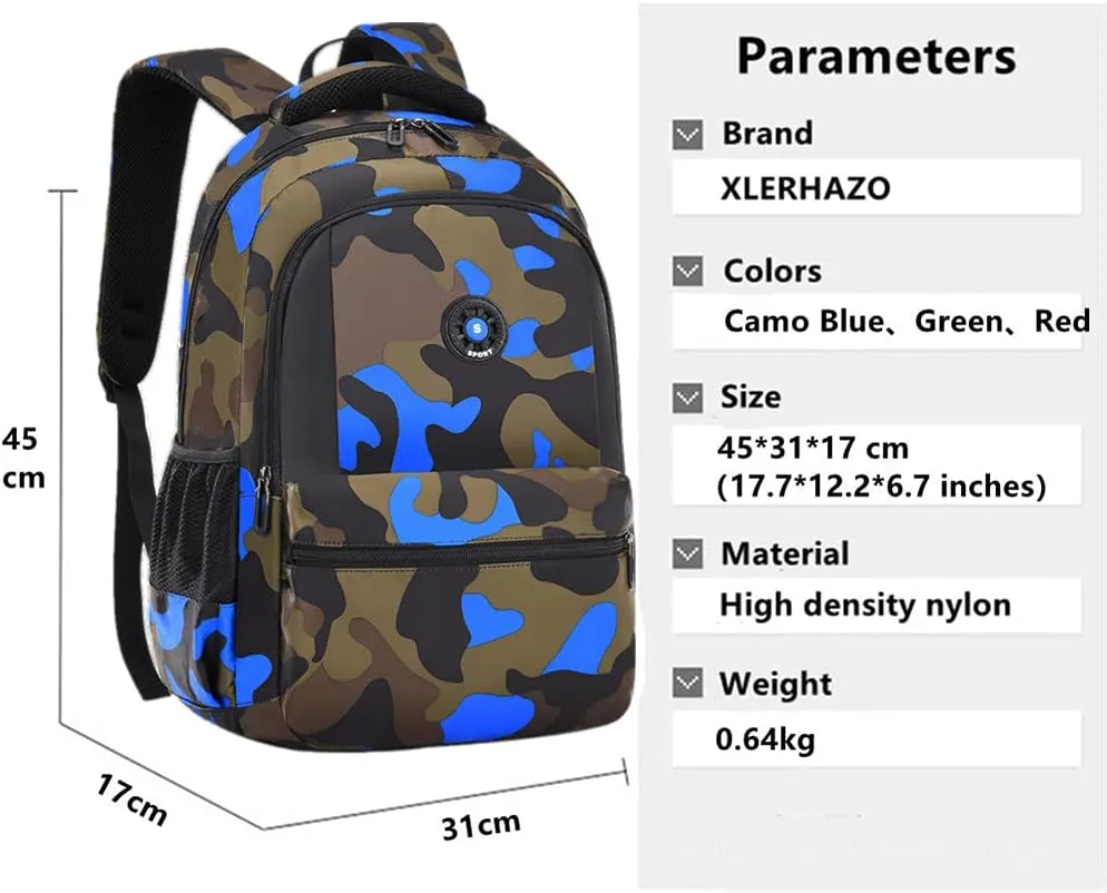 School Backpack Lunch Box Set Water Repellent Casual Daypack Lightweight Bookbags for Kids (CX Camo Blue Set)