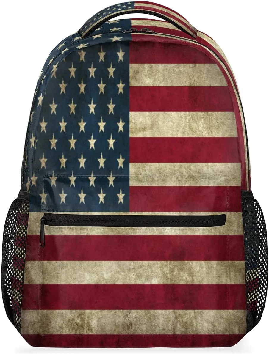 School Laptop Backpack Vintage America Flag for Girls Kids Boys Usa Flag Lightweight Bookbag Elementary College Travel Hiking Daypack Backpacks for Women Men