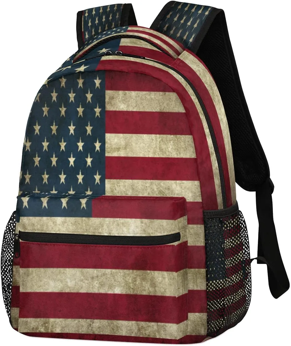 School Laptop Backpack Vintage America Flag for Girls Kids Boys Usa Flag Lightweight Bookbag Elementary College Travel Hiking Daypack Backpacks for Women Men