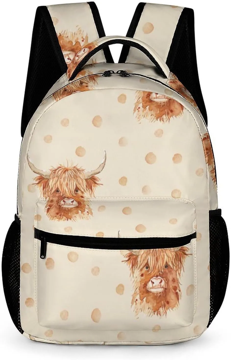 Scottish Highland Cow And Dot Casual Backpack Travel Laptop Cute Basic Shoulder Bag for Work Women & Men