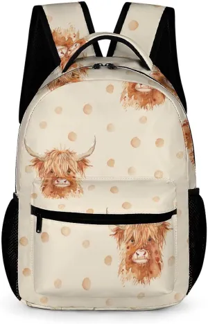 Scottish Highland Cow And Dot Casual Backpack Travel Laptop Cute Basic Shoulder Bag for Work Women & Men