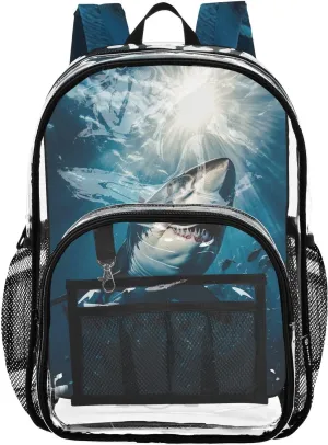 Sea Clear Backpack Angry Shark PVC Transparent Backpack with Reinforced Straps for Women Men ，12L Large See Through Bookbag for School Work Sport Travel