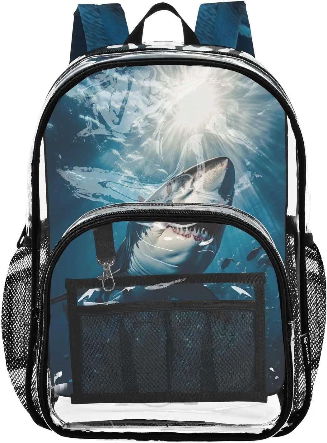 Sea Clear Backpack Angry Shark PVC Transparent Backpack with Reinforced Straps for Women Men ，12L Large See Through Bookbag for School Work Sport Travel