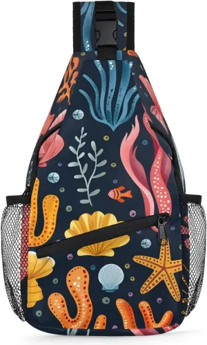 Seaweed Coral Ocean Sling Bag for Travel Chest Bag Crossbody Bag Lightweight Sling Backpack Casual Daypack for Women Men