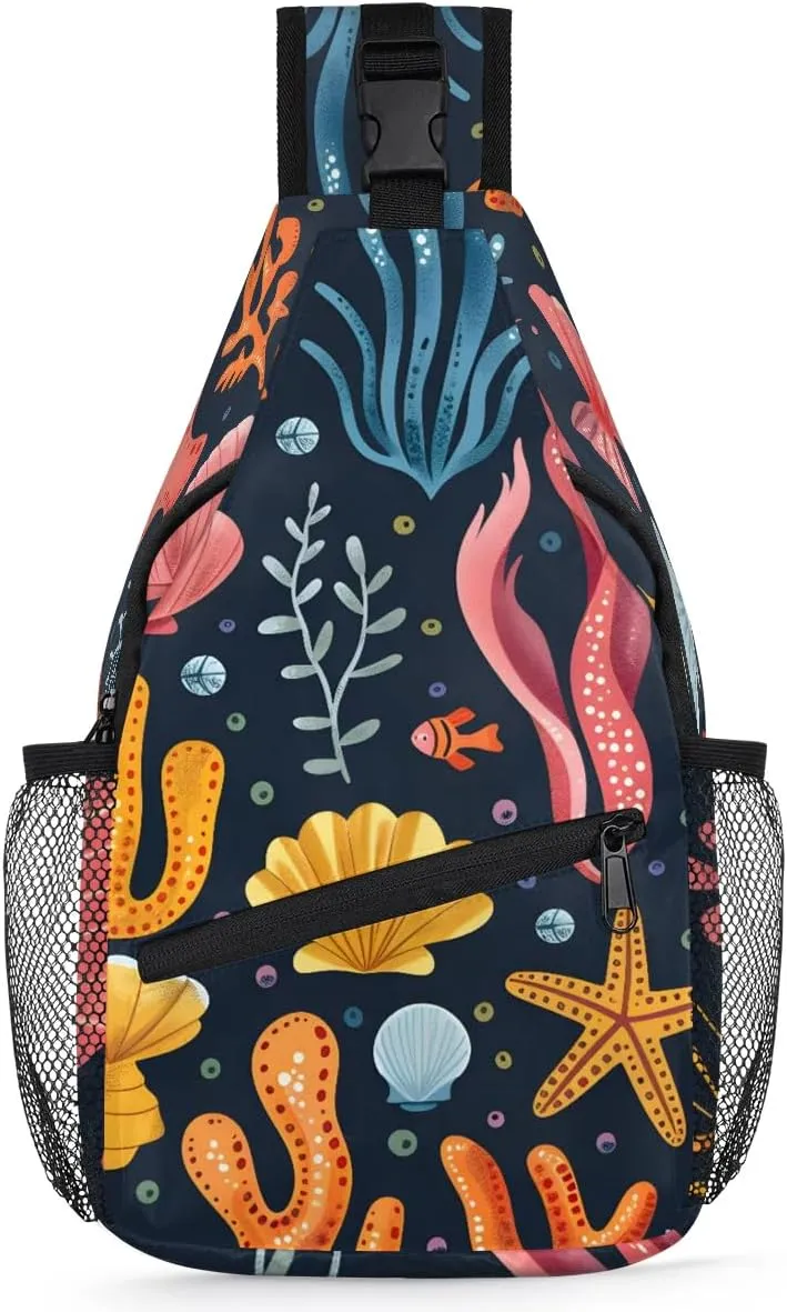 Seaweed Coral Ocean Sling Bag for Travel Chest Bag Crossbody Bag Lightweight Sling Backpack Casual Daypack for Women Men