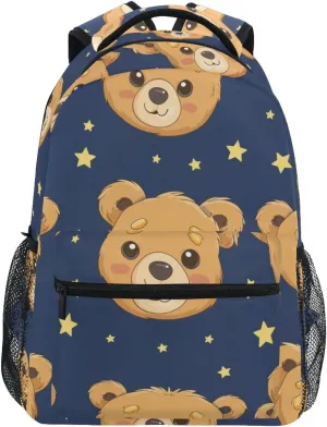 senya Shy Bears Stars Backpack Water-Resistant Lightweight Bookbags Travel Bag with Mesh Side Pockets