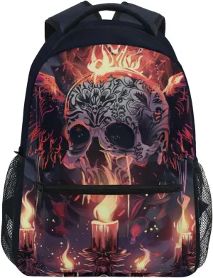 senya Skull Candle Flame Backpack Water-Resistant Lightweight Bookbags Travel Bag with Mesh Side Pockets