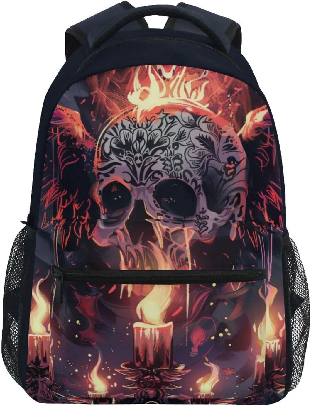 senya Skull Candle Flame Backpack Water-Resistant Lightweight Bookbags Travel Bag with Mesh Side Pockets