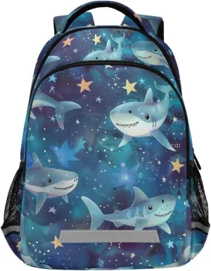 senya Travel Backpack Carry On Bookbags Sharks Soar in The Starry Sky Bagpack with Reflective Strip and Mesh Side Pockets
