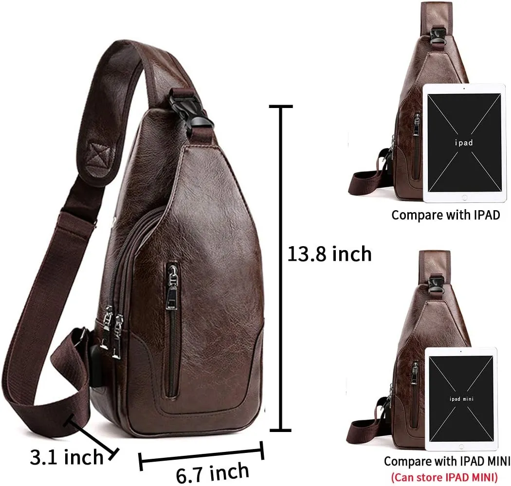 Seoky Rop Men Sling Bag Anti Theft Shoulder Bag Small Leather Crossbody Sling Backpack with USB Charge Port Dark Brown