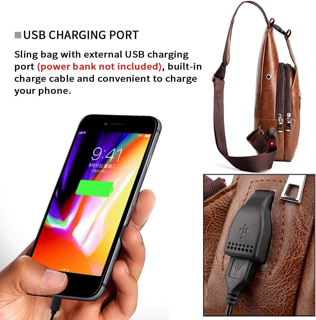 Seoky Rop Men Sling Bag Anti Theft Shoulder Bag Small Leather Crossbody Sling Backpack with USB Charge Port Dark Brown