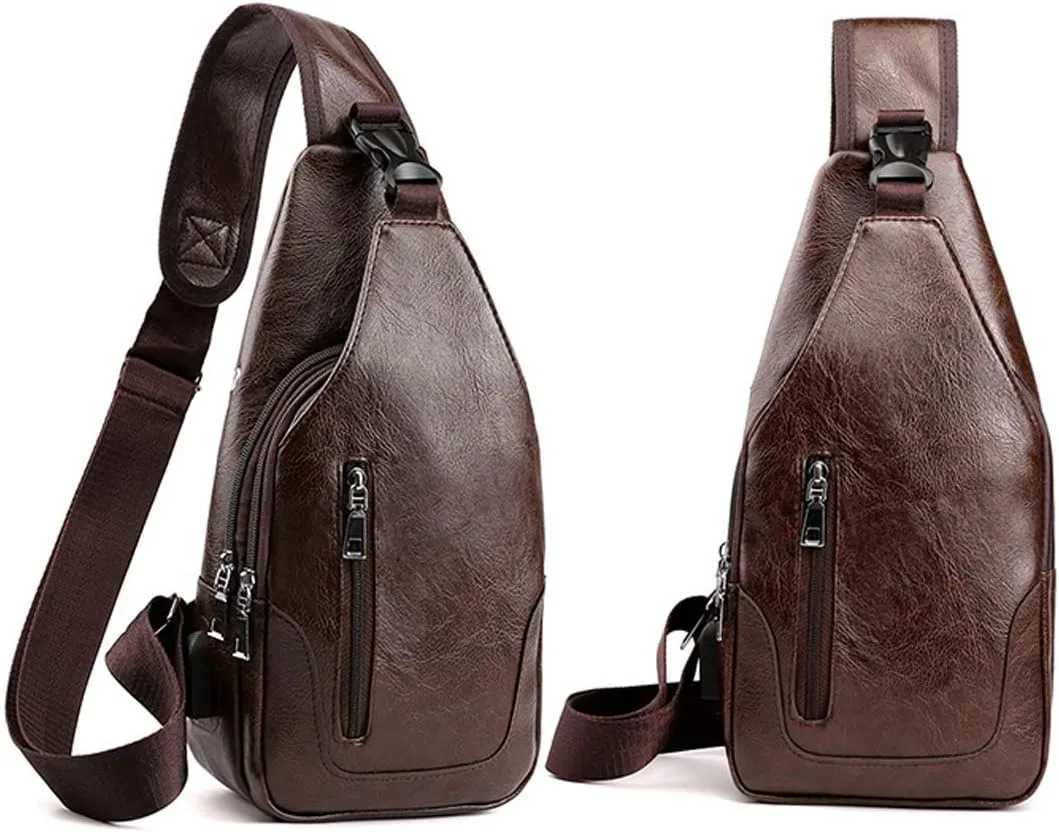 Seoky Rop Men Sling Bag Anti Theft Shoulder Bag Small Leather Crossbody Sling Backpack with USB Charge Port Dark Brown
