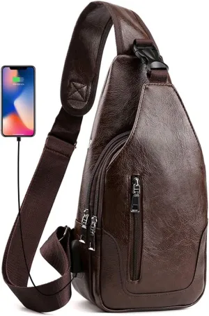 Seoky Rop Men Sling Bag Anti Theft Shoulder Bag Small Leather Crossbody Sling Backpack with USB Charge Port Dark Brown