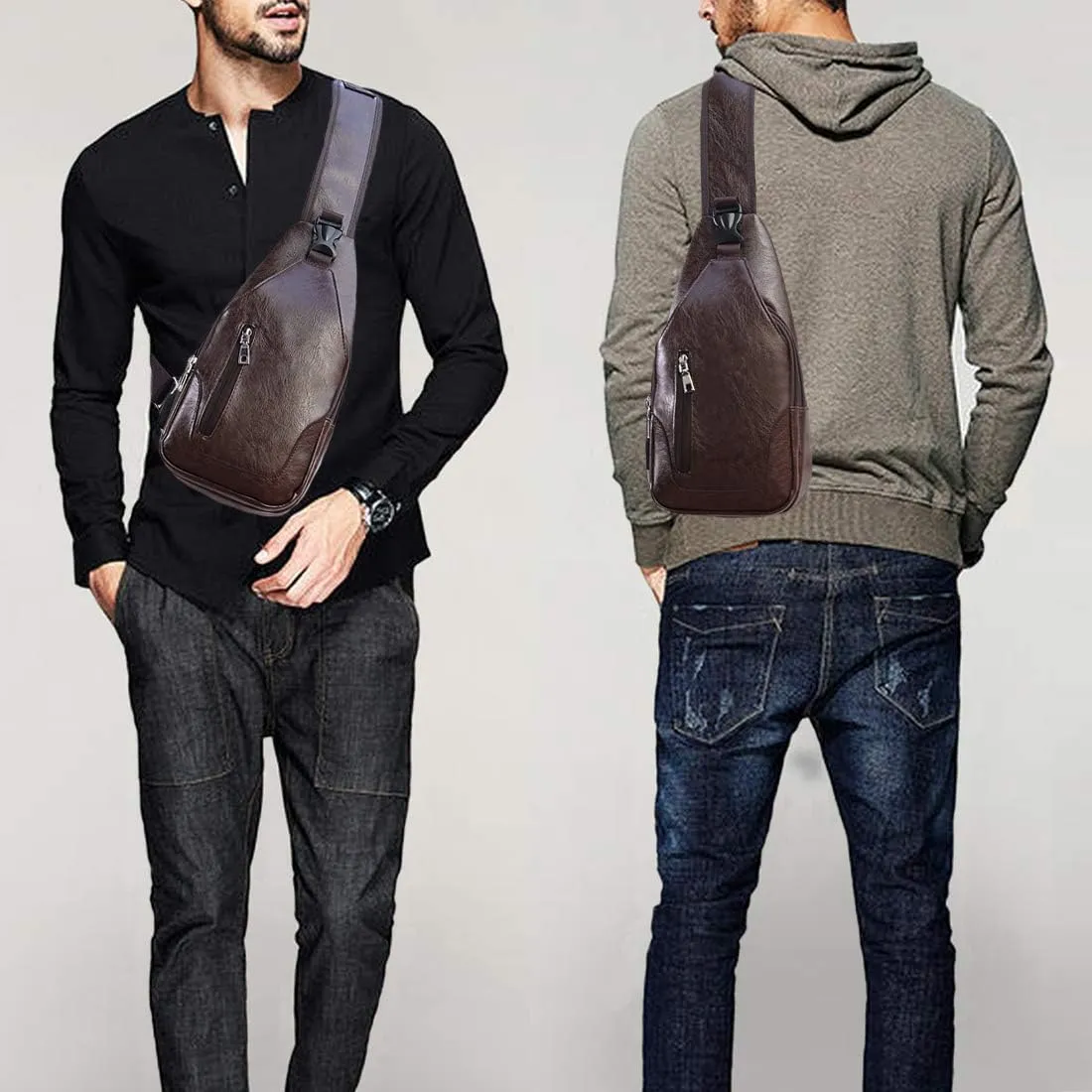 Seoky Rop Men Sling Bag Anti Theft Shoulder Bag Small Leather Crossbody Sling Backpack with USB Charge Port Dark Brown